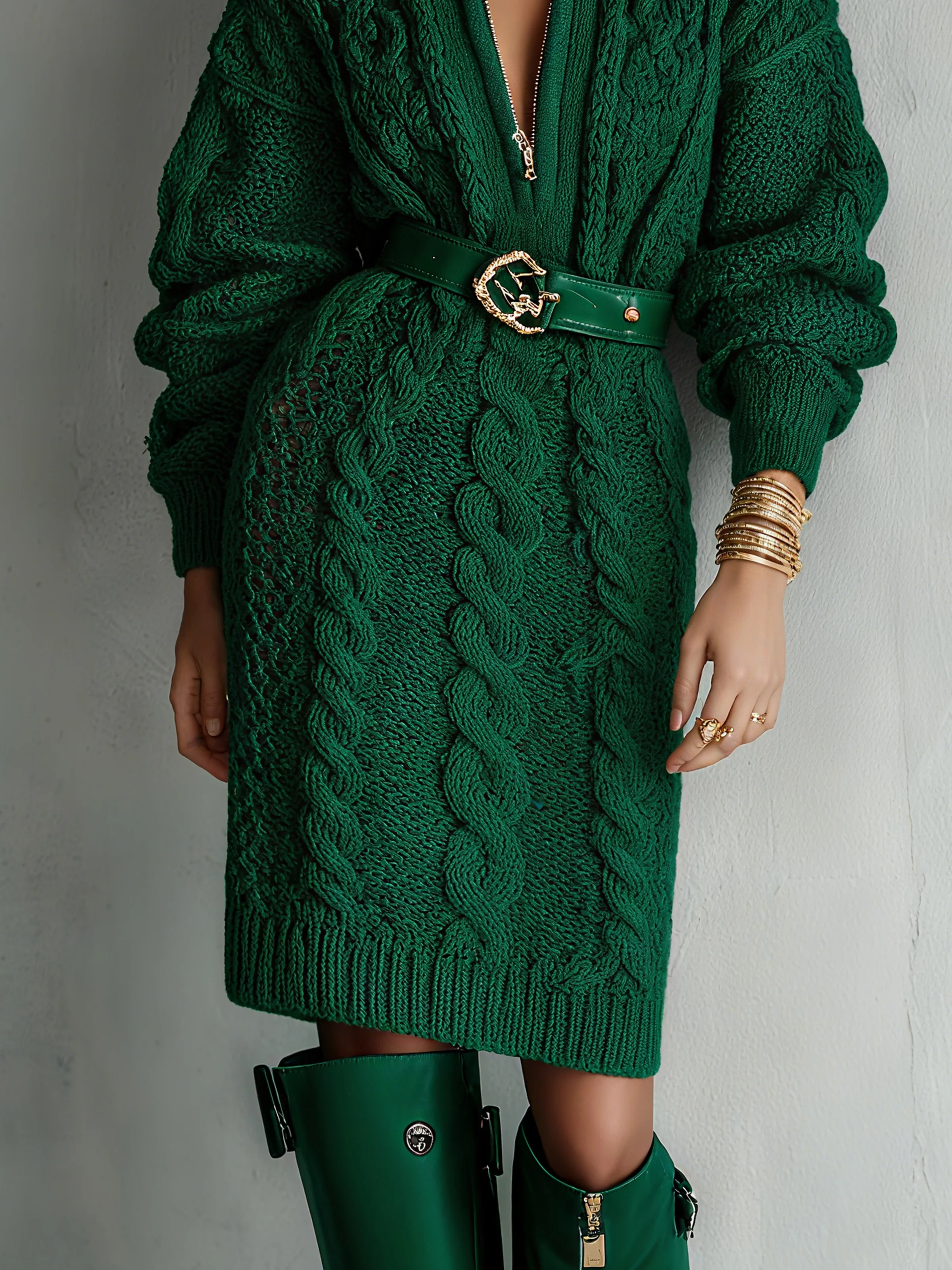 Urban Unifarben Reißverschluss Mock Neck Midi Strickkleid Kein Gürtel