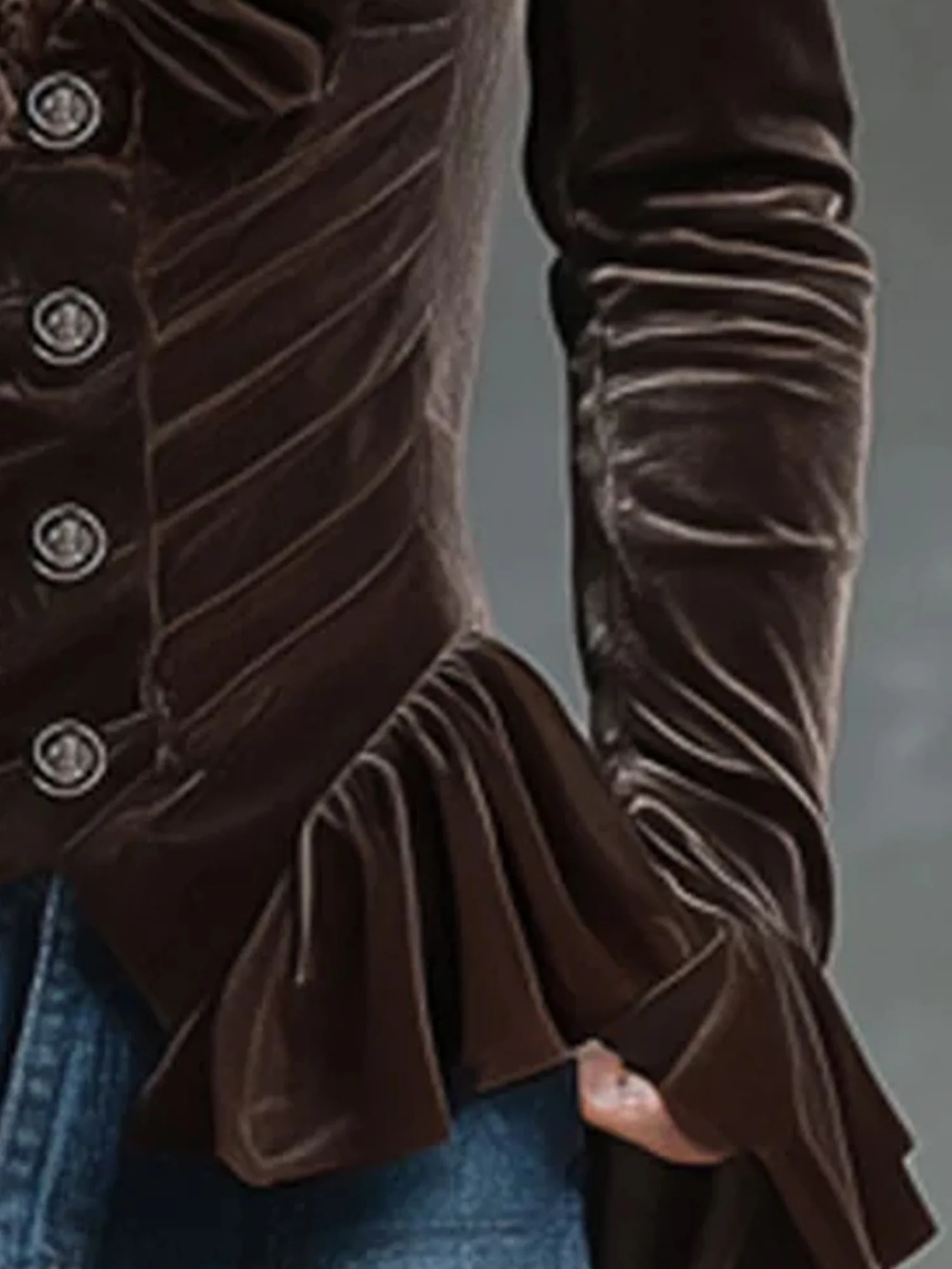 Samt Elegant Unifarben Schößchen V-Ausschnitt Bell-Ärmel Bluse