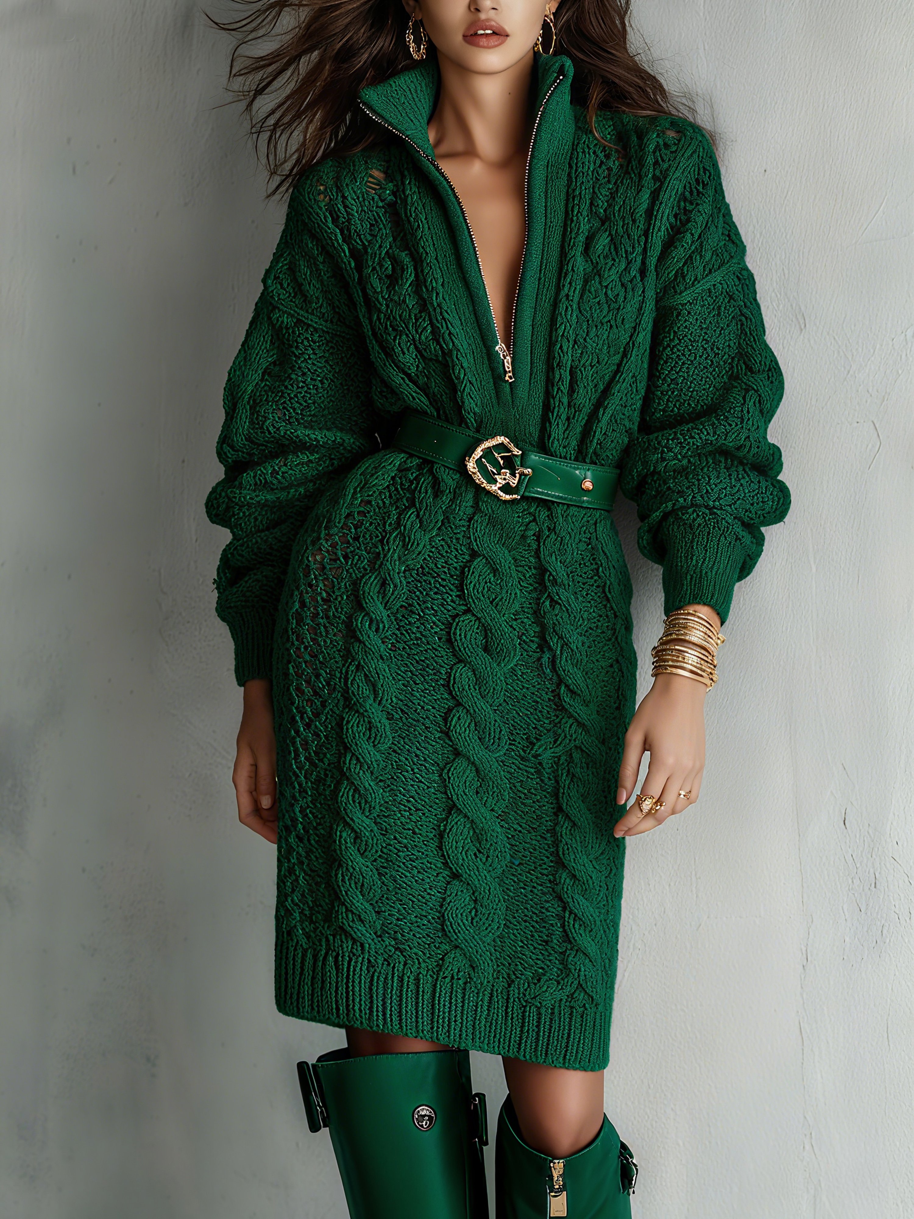 Urban Unifarben Reißverschluss Mock Neck Midi Strickkleid Kein Gürtel