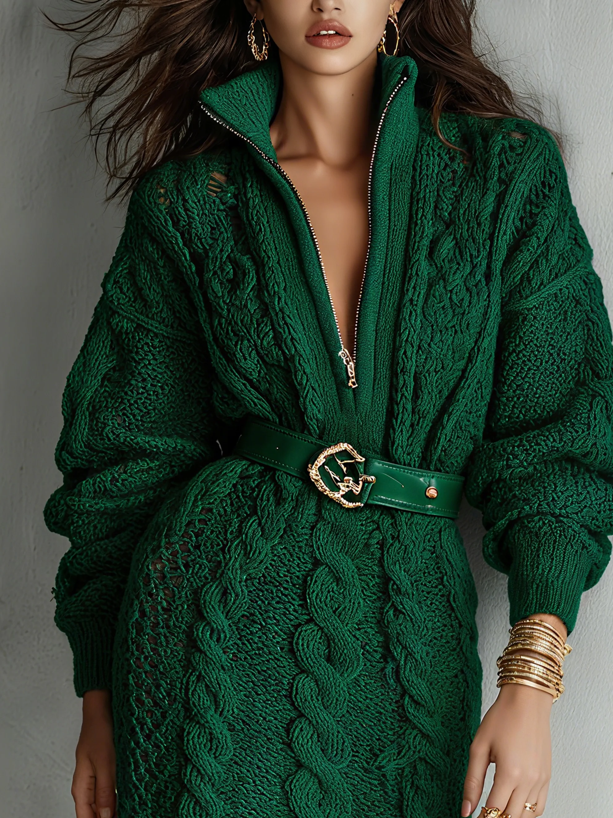 Urban Unifarben Reißverschluss Mock Neck Midi Strickkleid Kein Gürtel