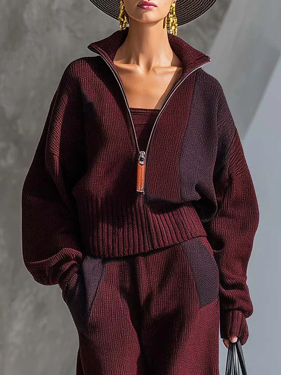 Lässig Farbblock Reißverschluss Strickjacke