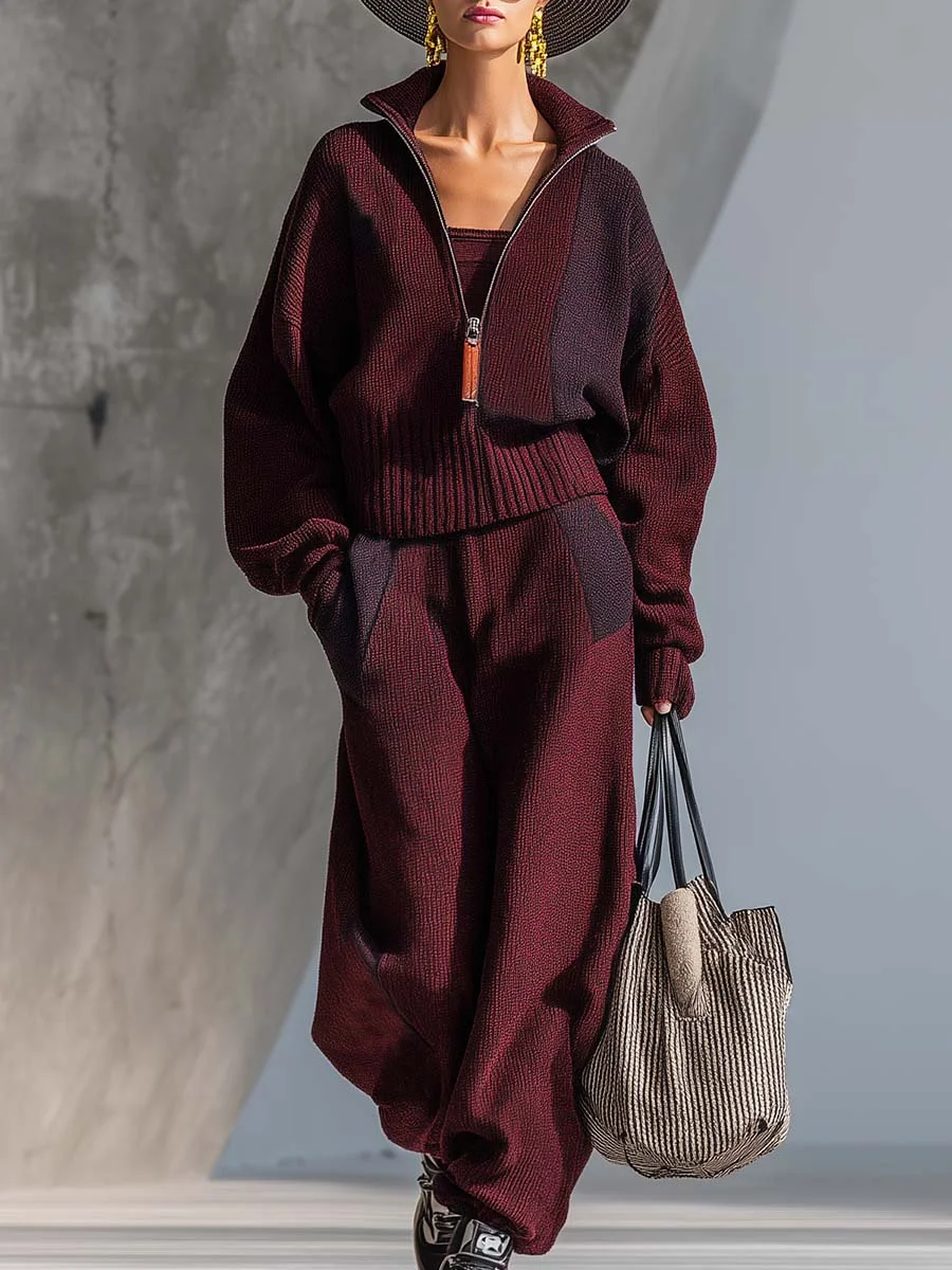 Lässig Farbblock Reißverschluss Strickjacke