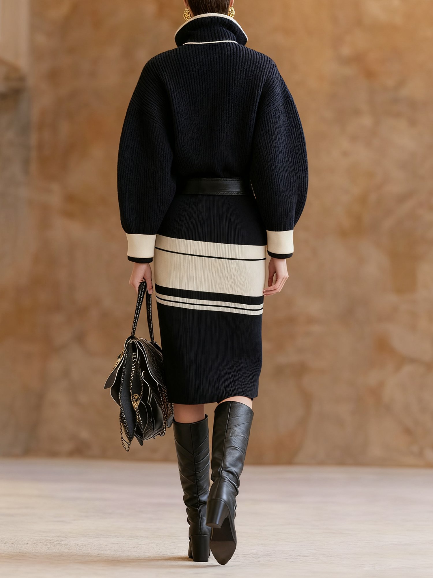 Urban Farbblock Pullover Knielänge Rock Kein Gürtel