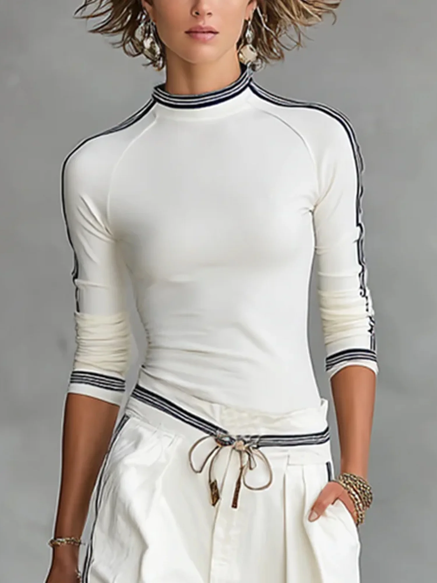 Baumwolle Lässig Farbblock Mock Neck T-Shirt