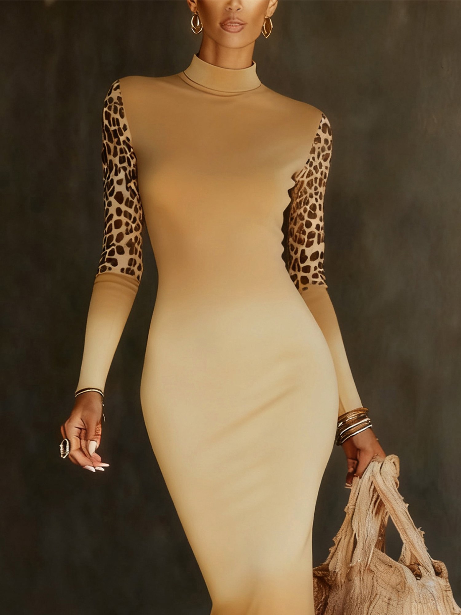 Urban Farbverlauf Tierdruck Print Stehkragen Midikleid