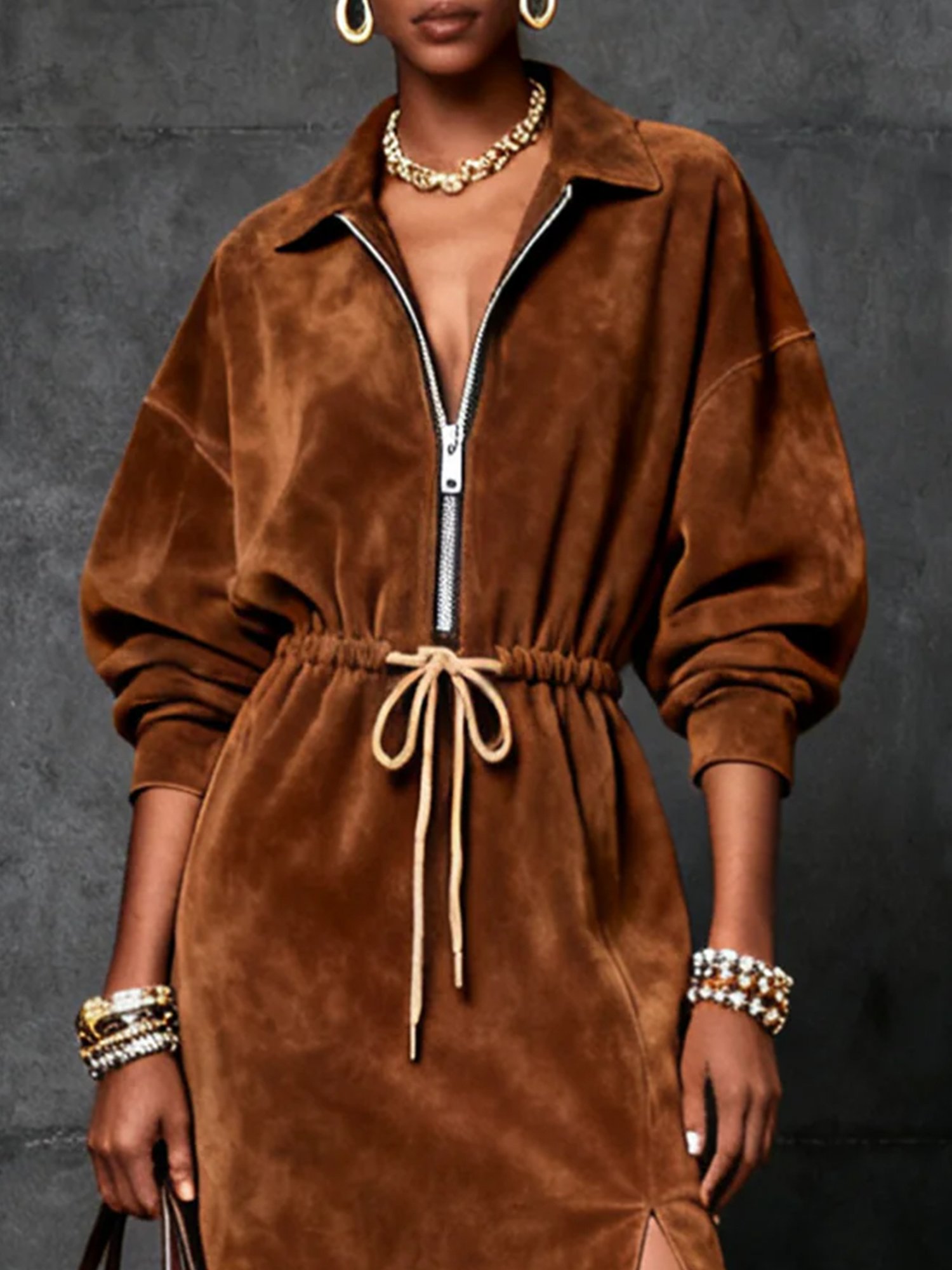 Urban Unifarben Veloursleder Reißverschluss  Midikleid