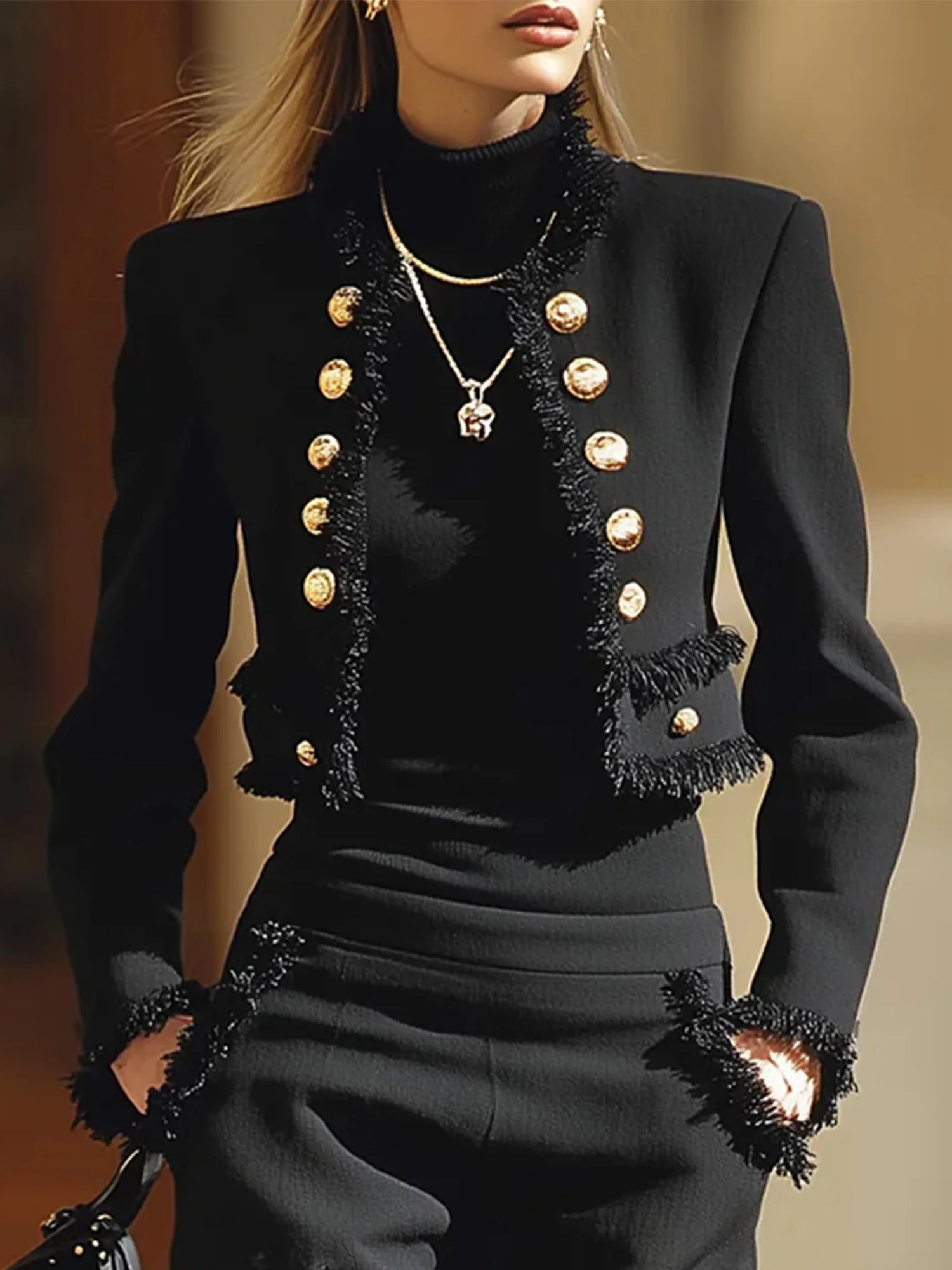 Urban Geknöpft Quaste Unifarben Rundhals Jacke