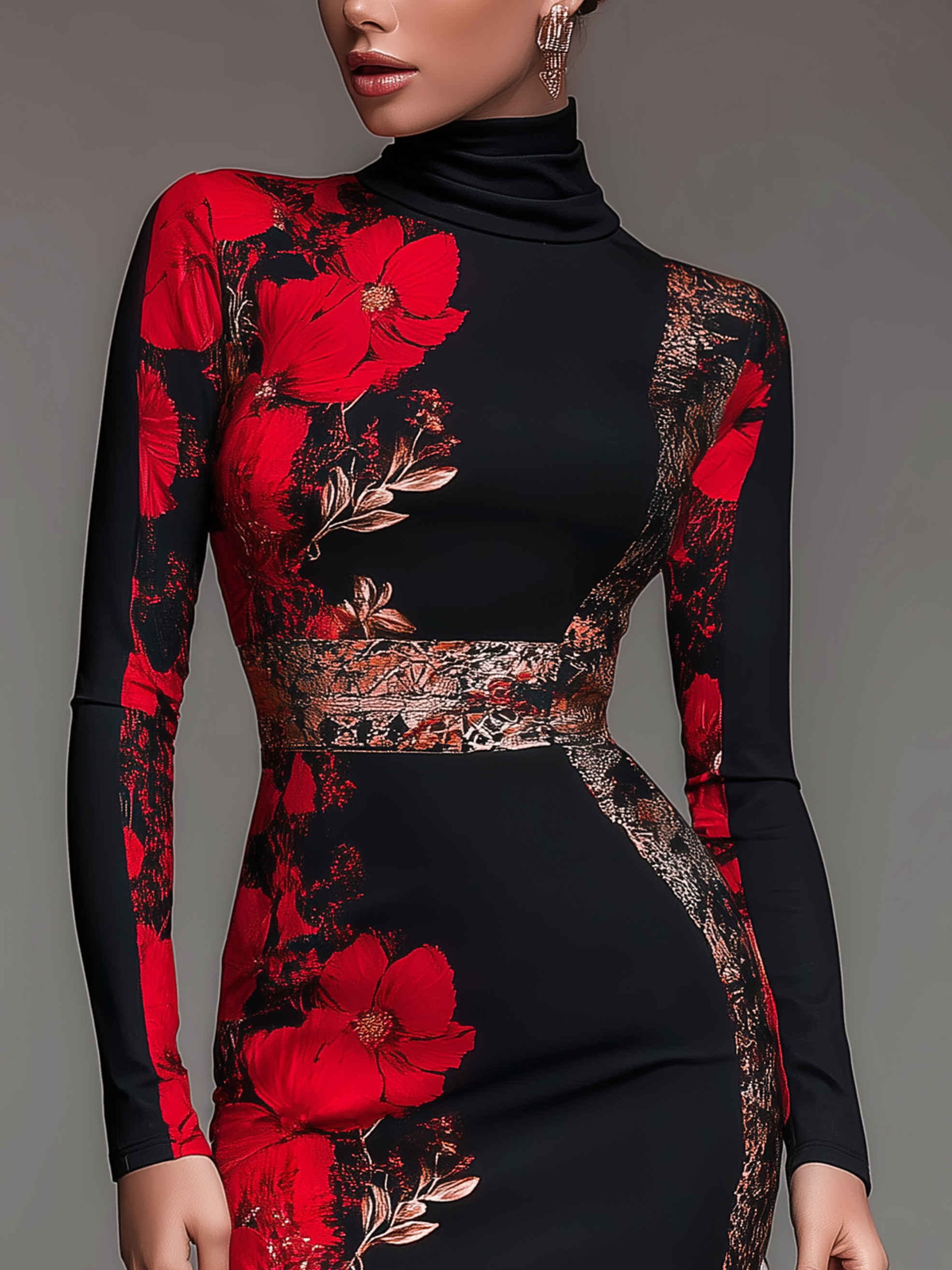 Elegant Geblümt Print Stehkragen Midikleid