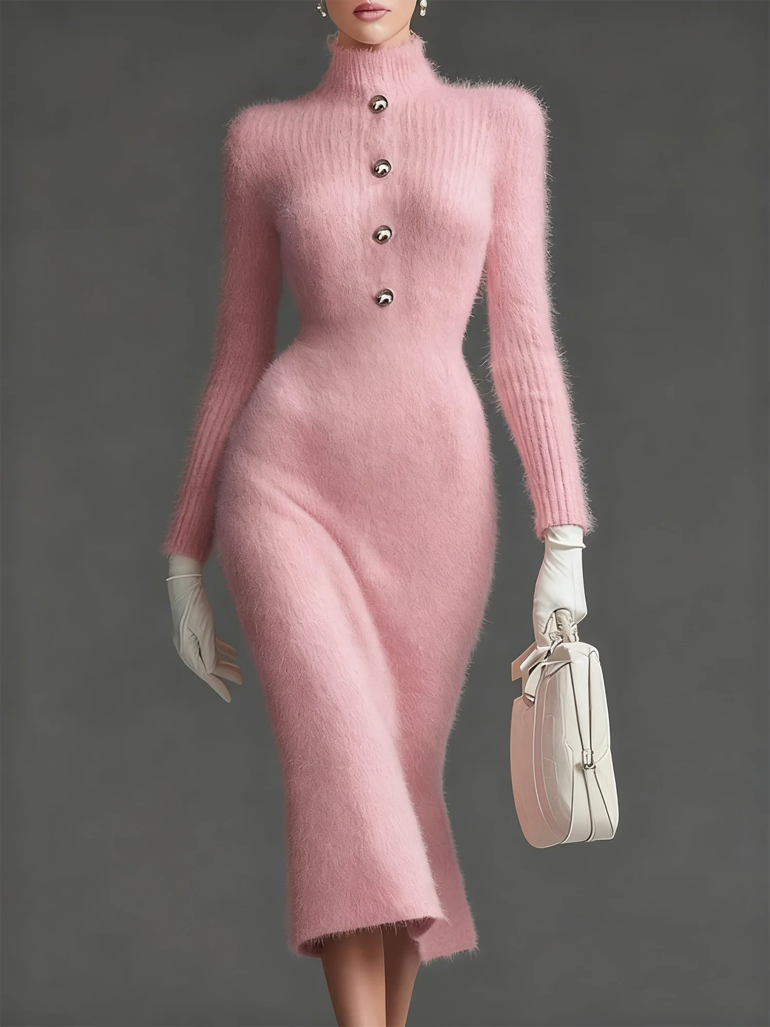 Elegant Unifarben Geknöpft Rollkragen Pullover Knielänge Kleid mit Gürtel