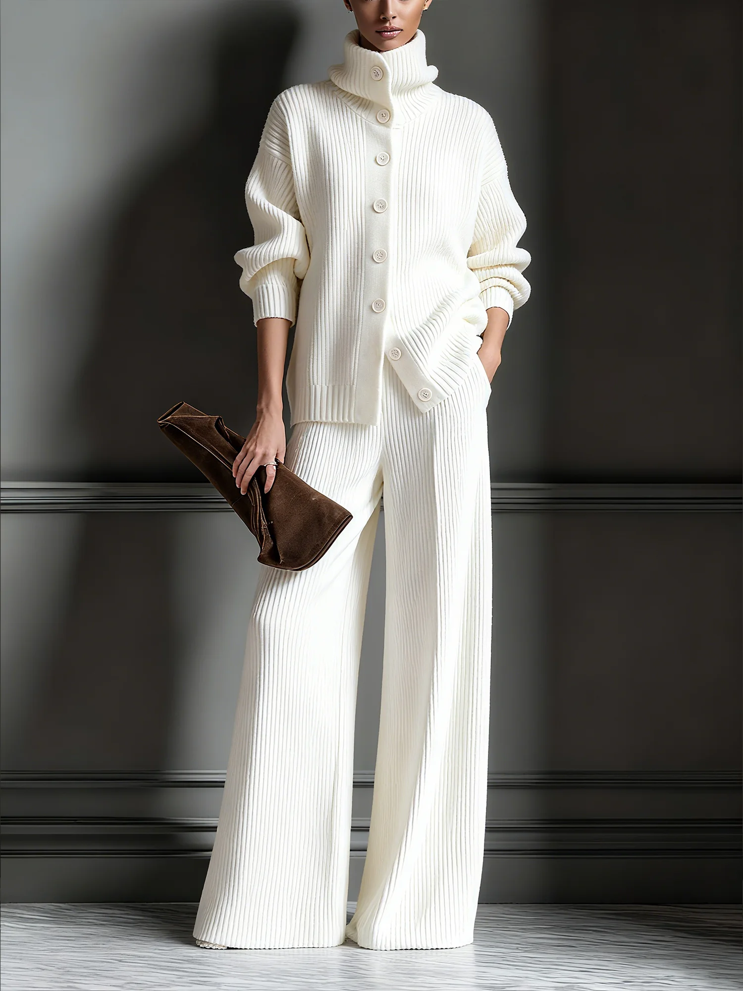 Lässig Unifarben Rollkragen Pullover Strickjacke