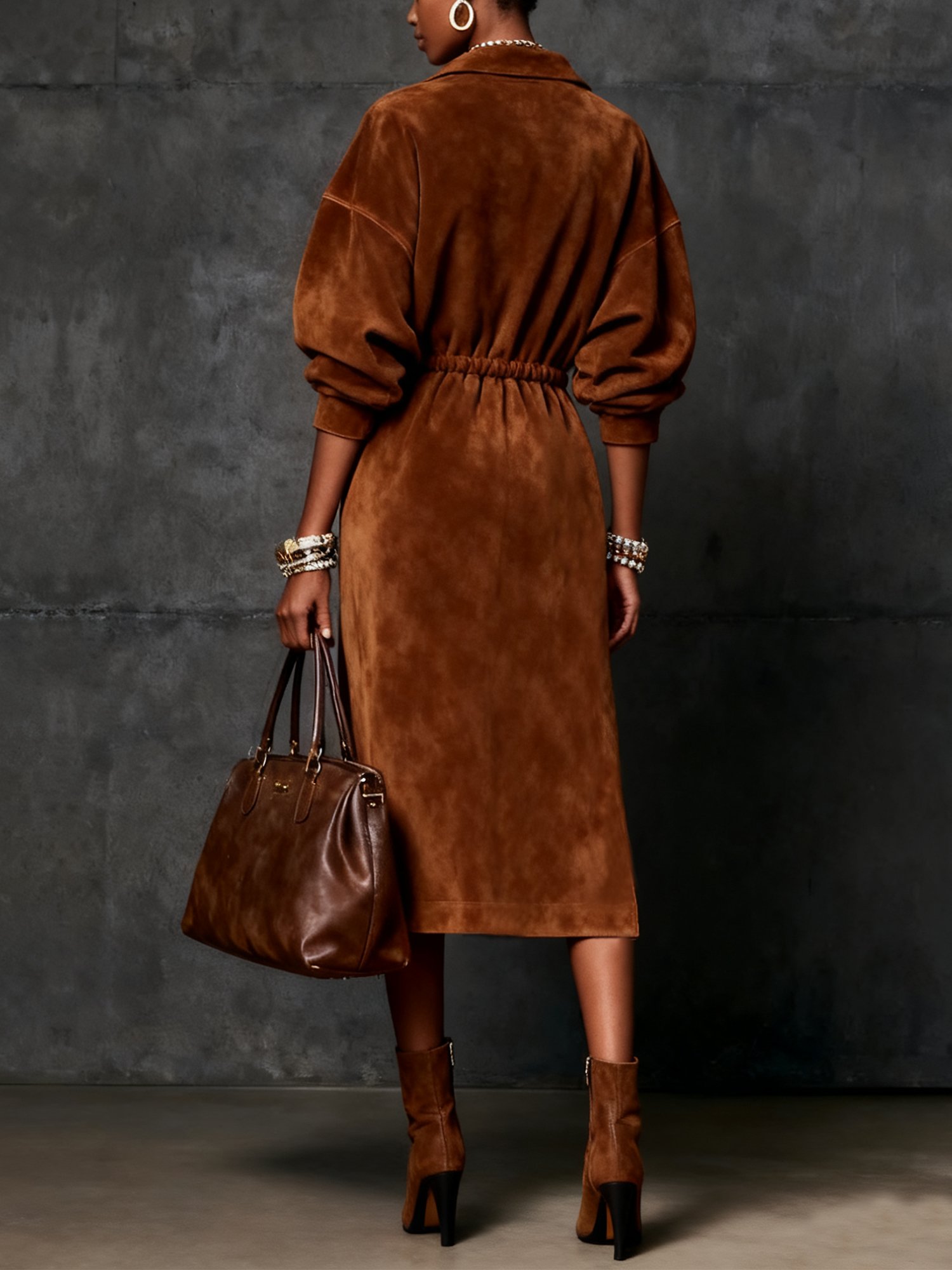 Urban Unifarben Veloursleder Reißverschluss  Midikleid