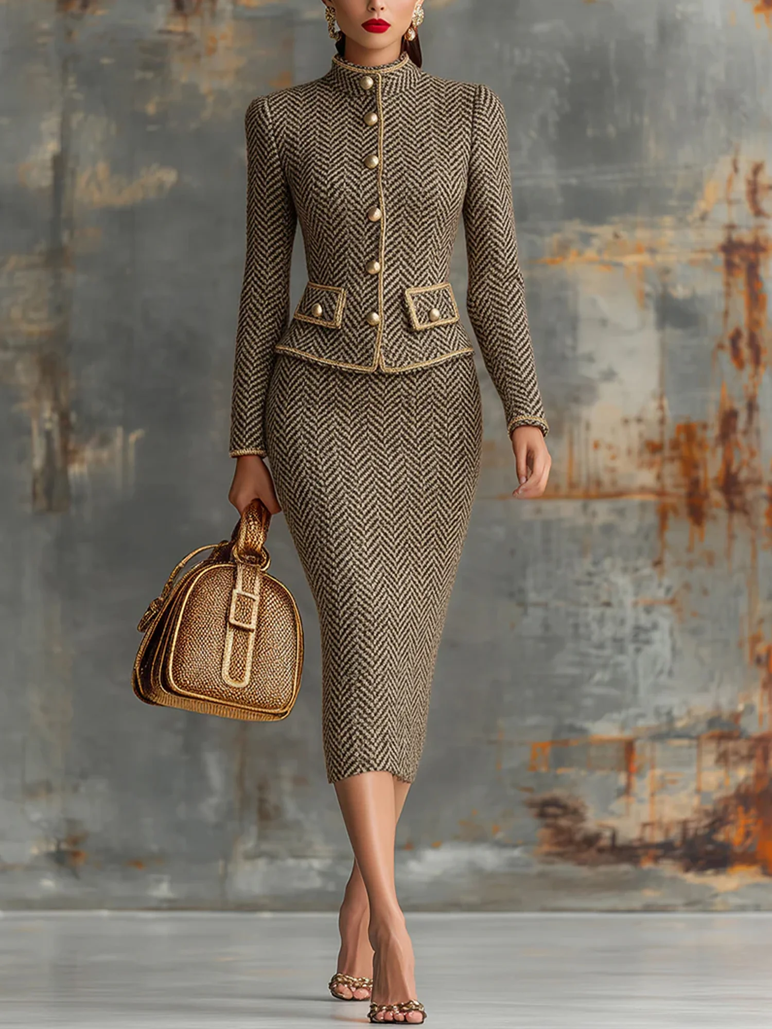 Elegant Geknöpft Fischgrät Stehkragen Jacke