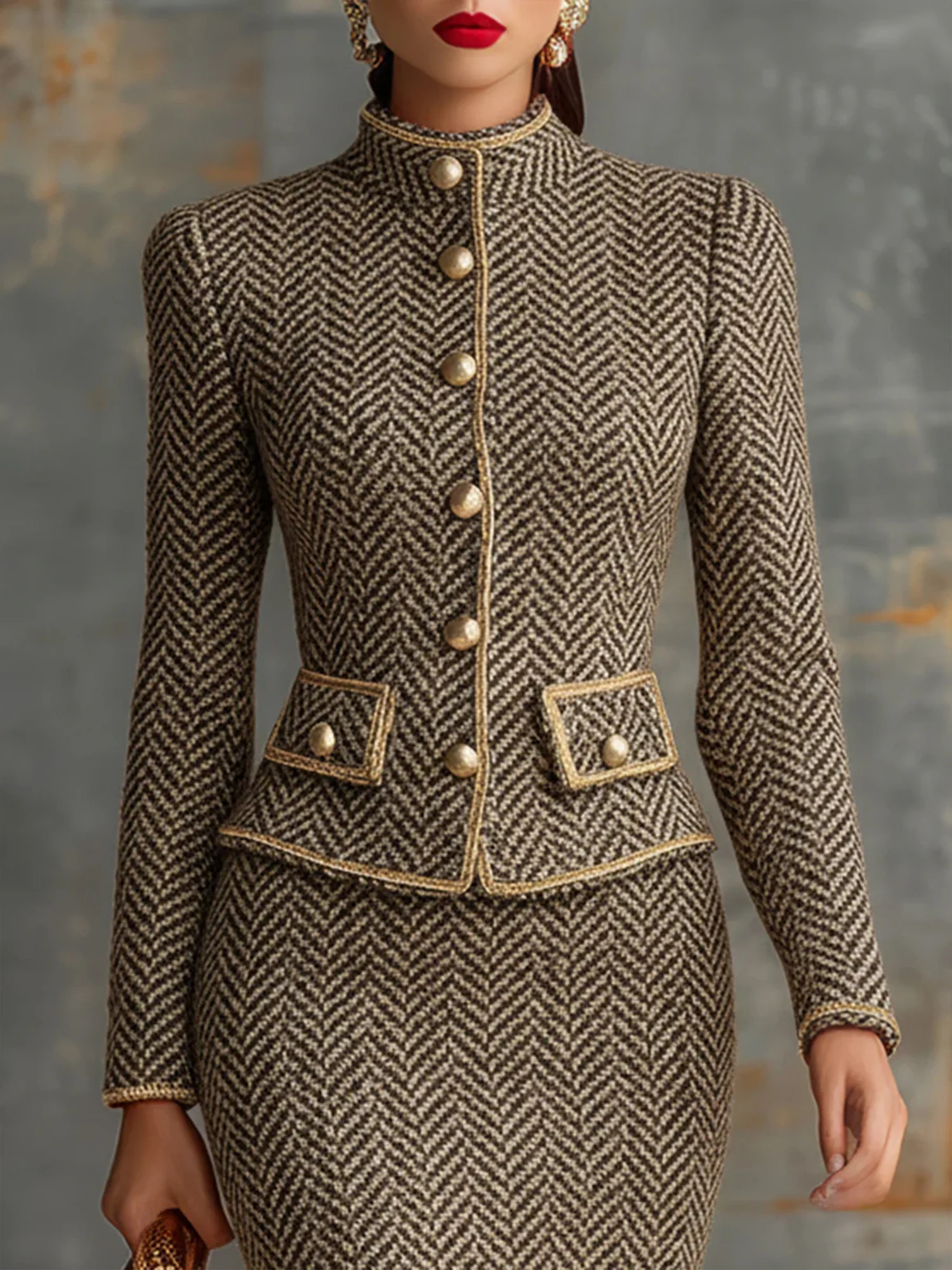 Elegant Geknöpft Fischgrät Stehkragen Jacke