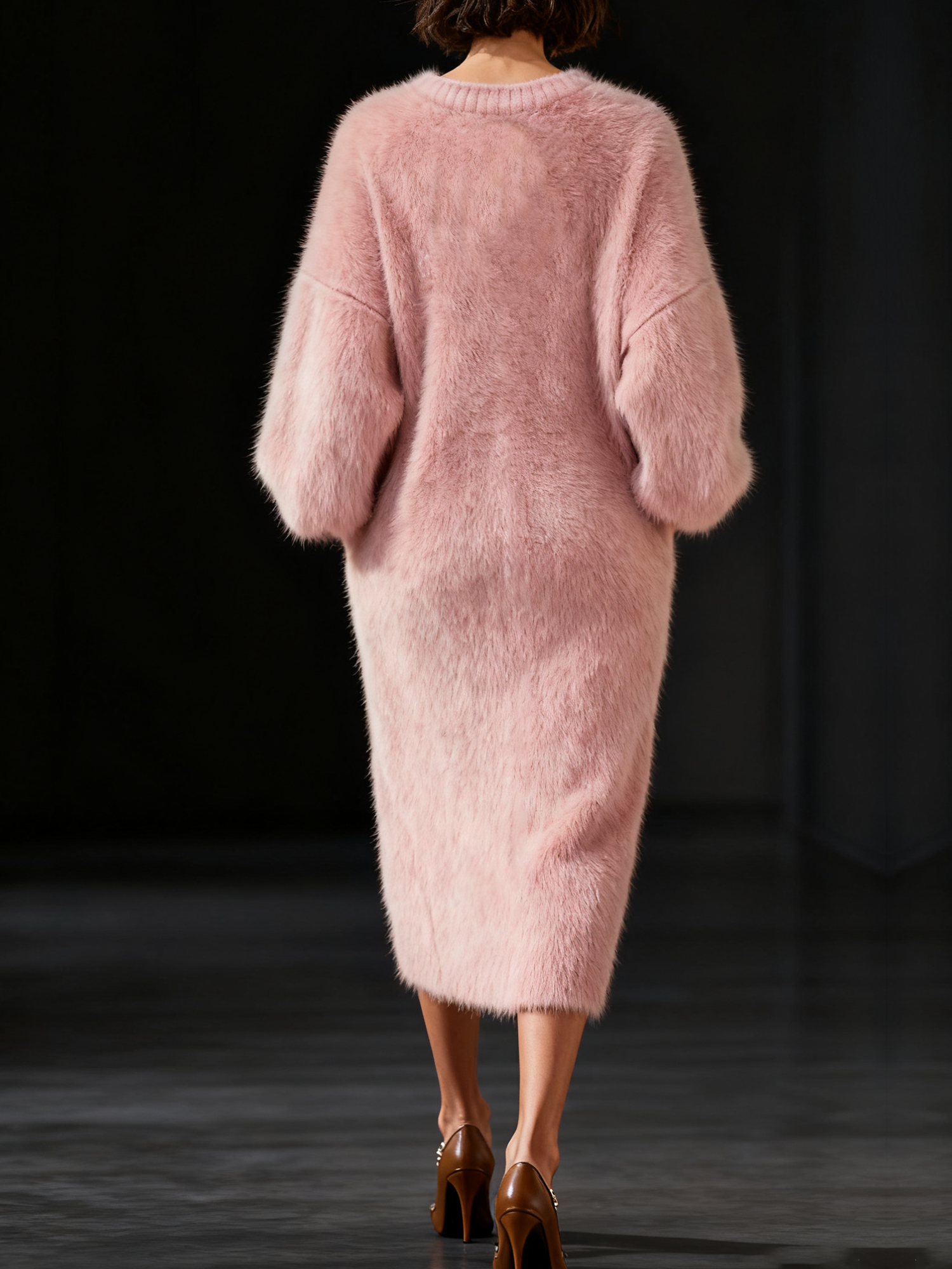 Lässig Unifarben Rundhals Midi Strickkleid