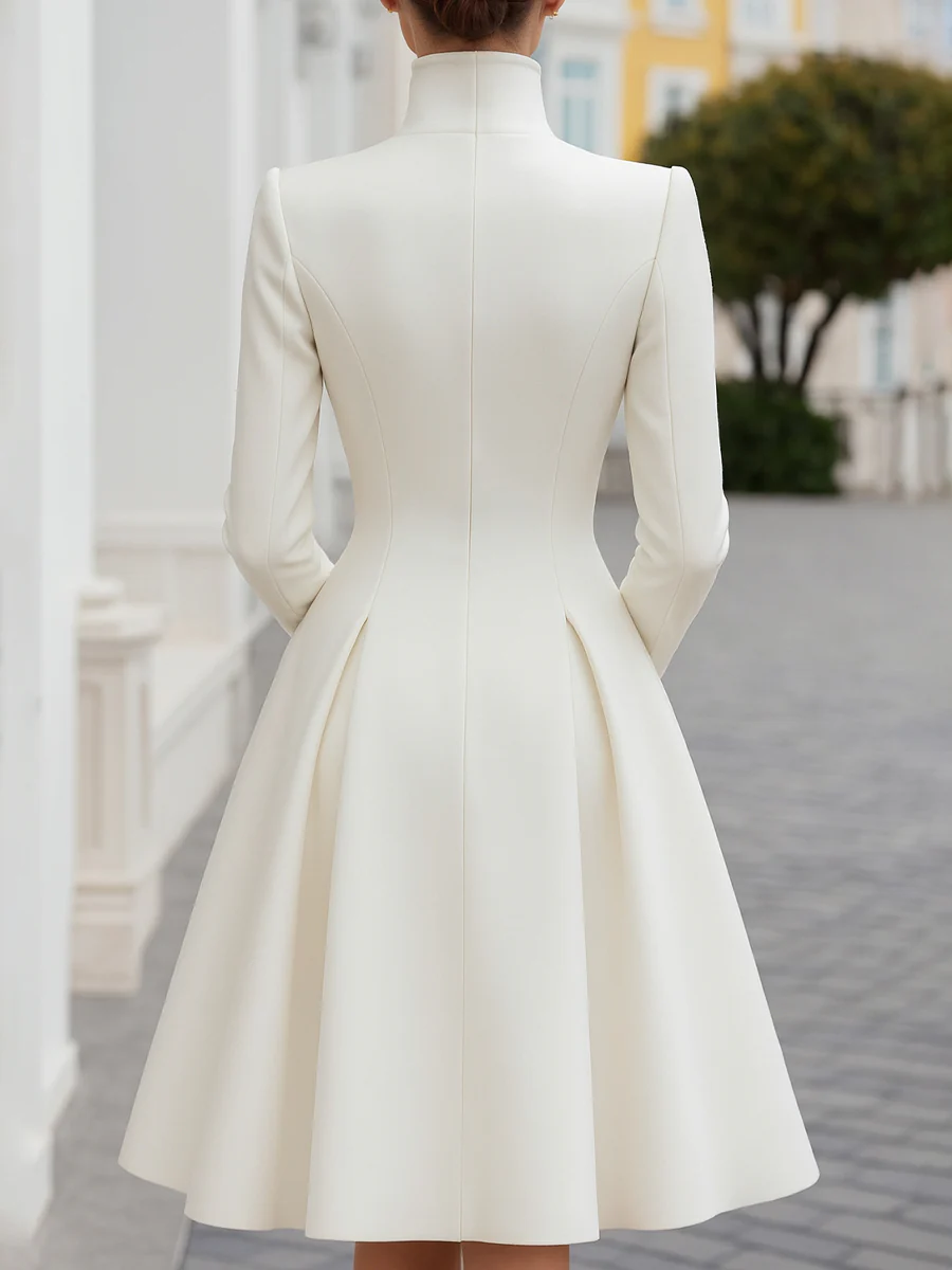 Elegant Unifarben Geknöpft Stehkragen Midikleid