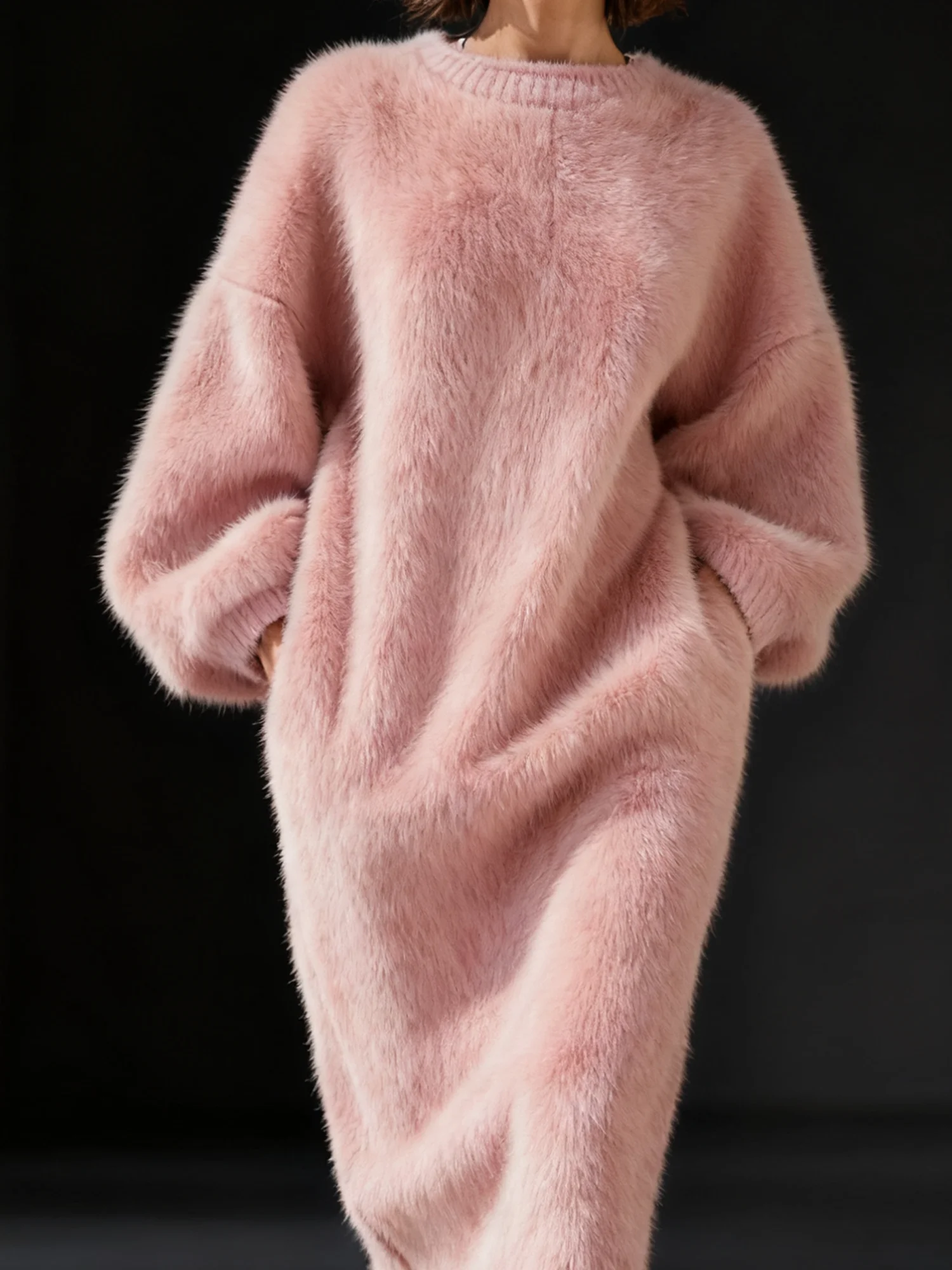 Lässig Unifarben Rundhals Midi Strickkleid