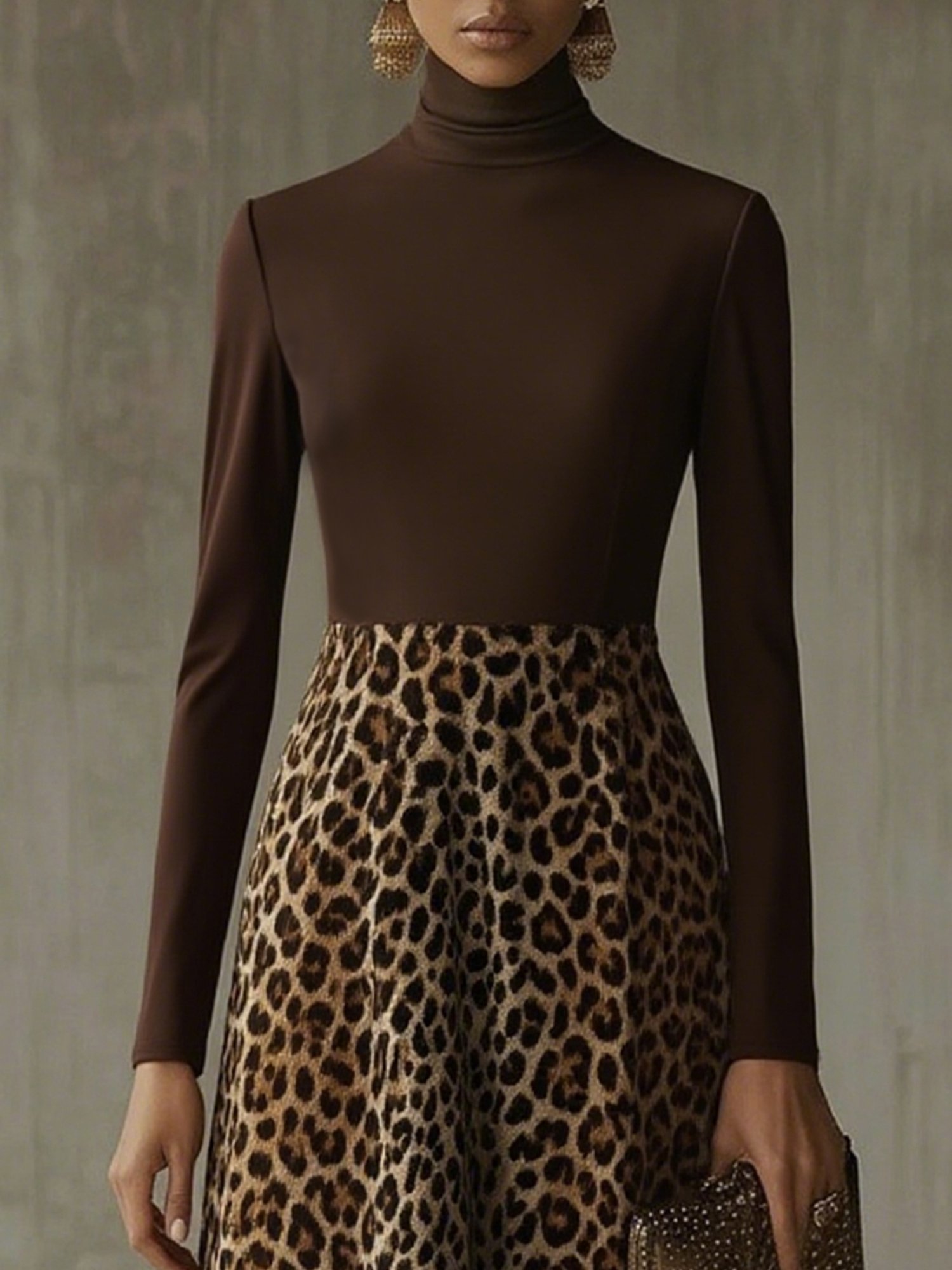 Urban Leopard Print Rollkragen Knielänge Kleid
