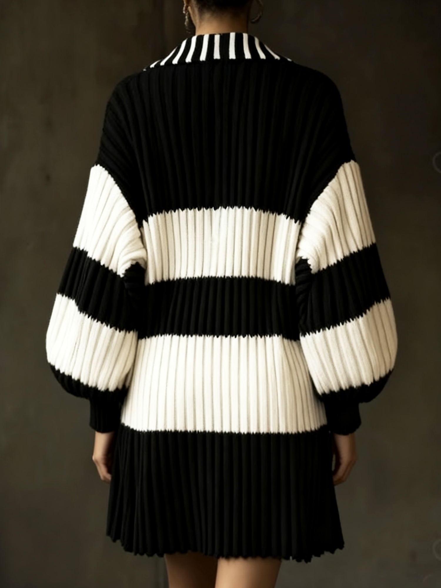 Lässig Gestreift Hemdkragen Mini Strickkleid Kein Gürtel