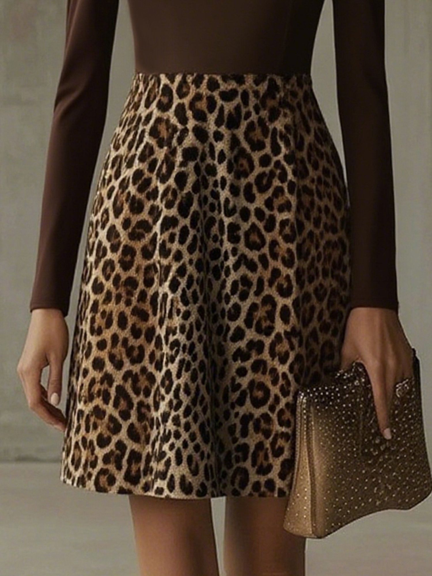 Urban Leopard Print Rollkragen Knielänge Kleid