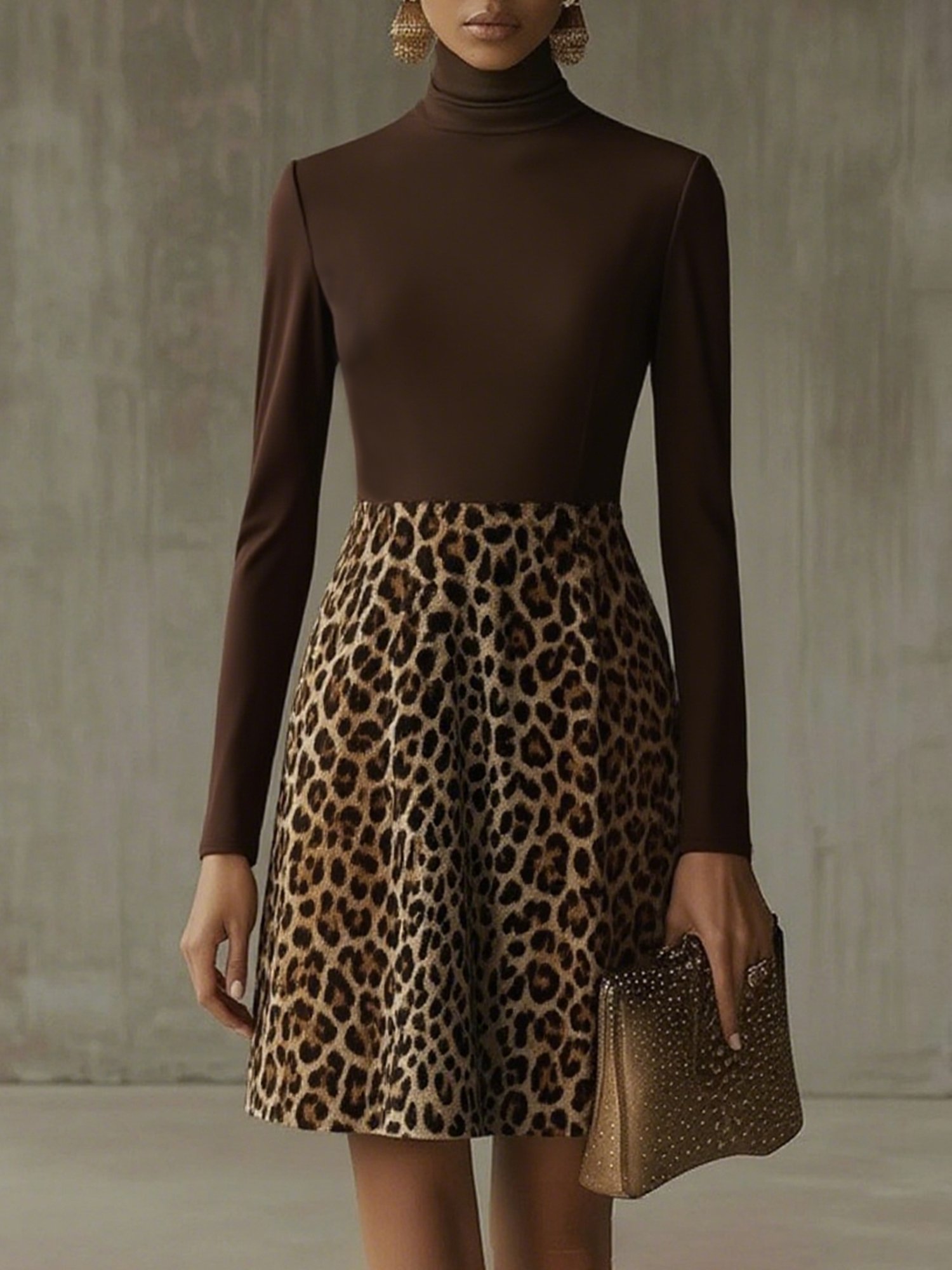 Urban Leopard Print Rollkragen Knielänge Kleid