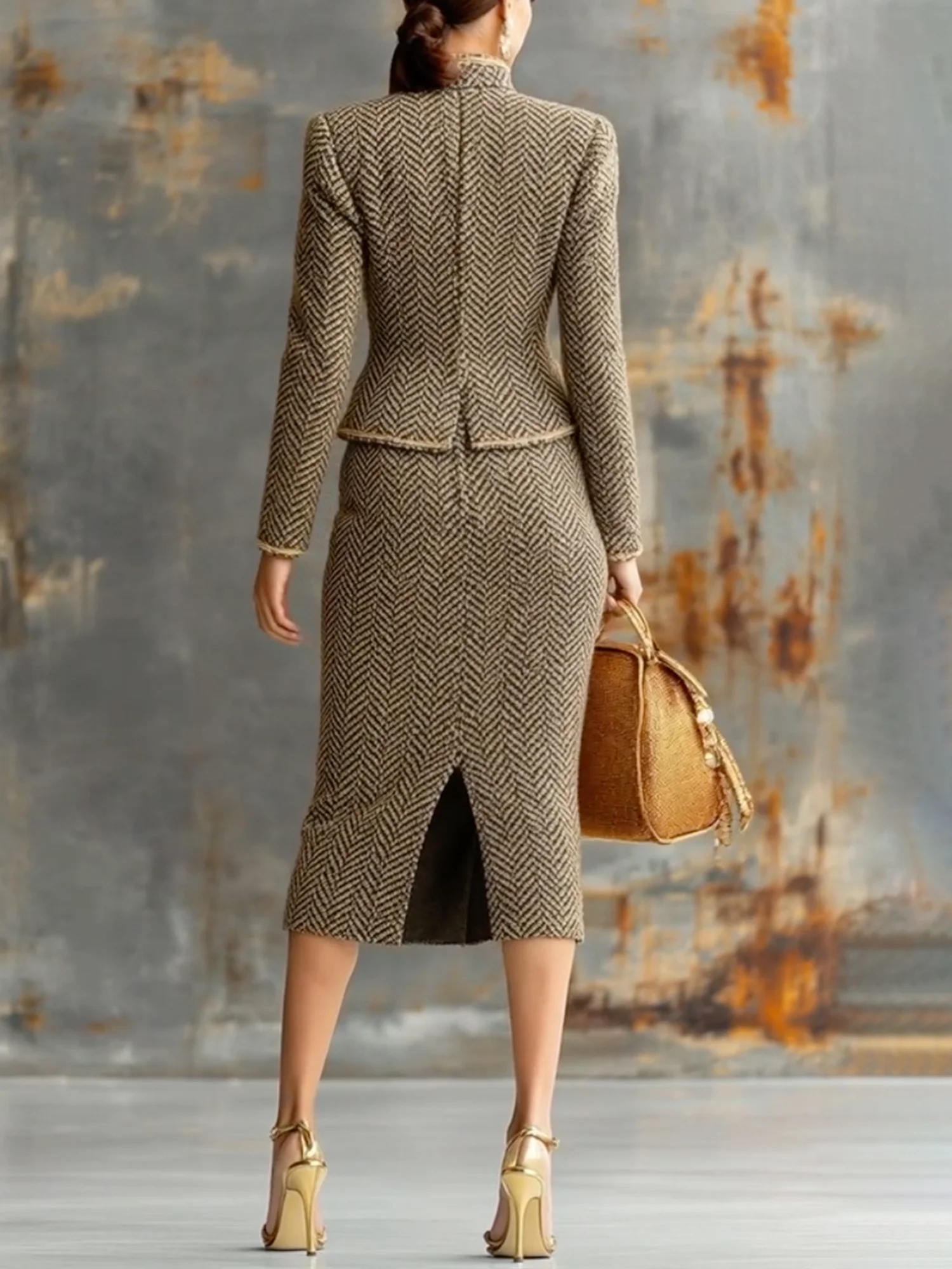 Elegant Geknöpft Fischgrät Stehkragen Jacke