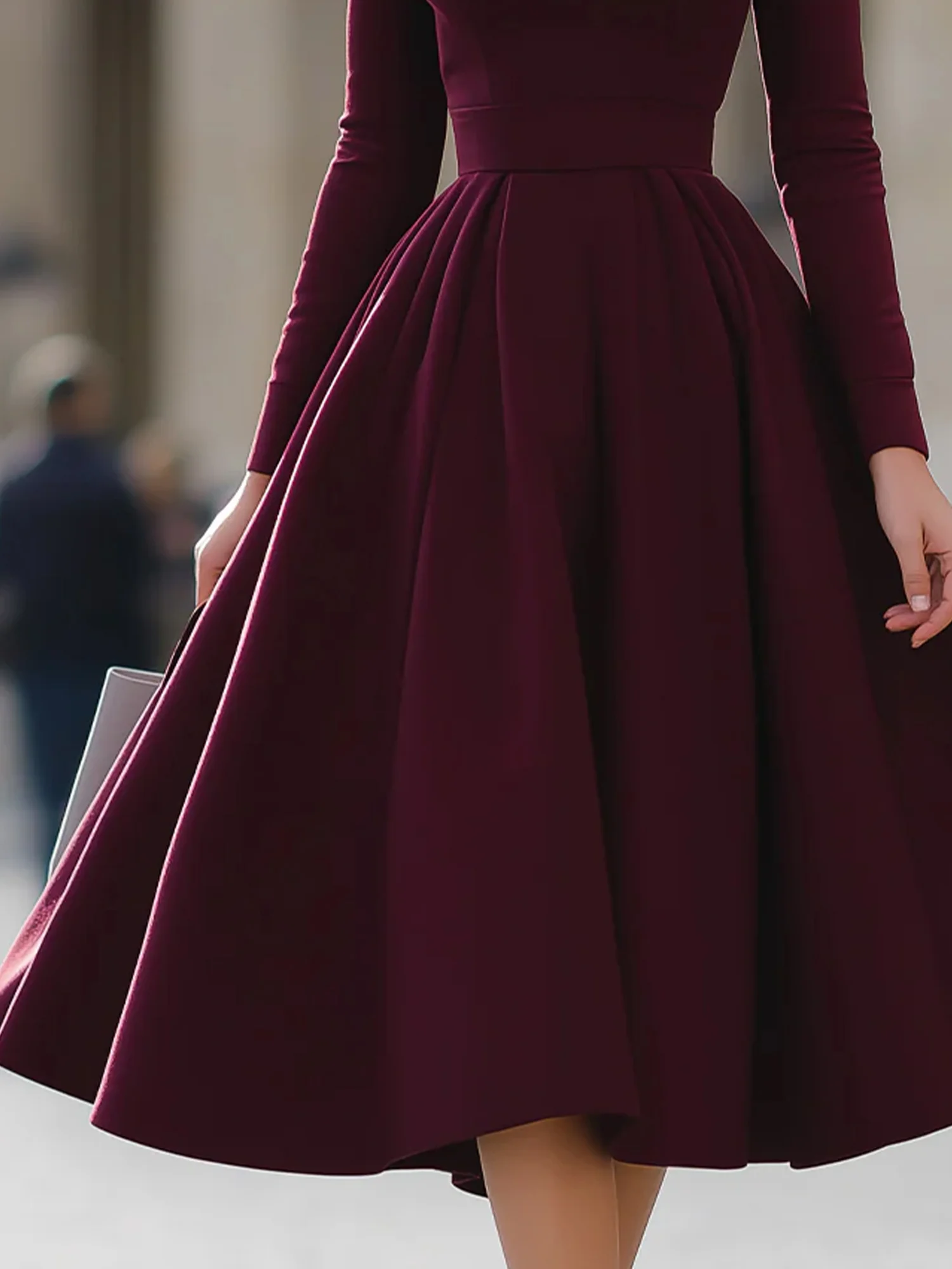 Elegant Unifarben V-Ausschnitt Midikleid