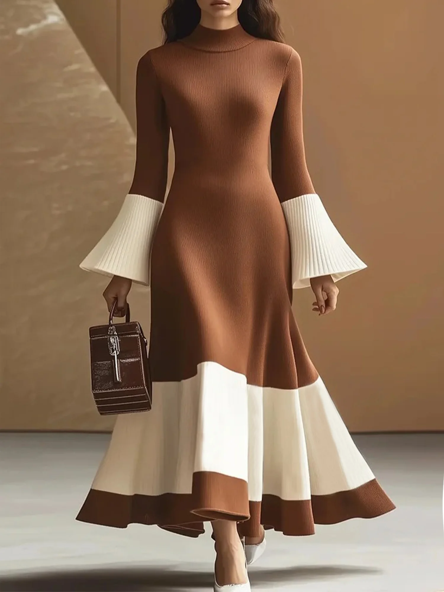 Elegant Farbblock Bell-Ärmel Stehkragen Strickkleid