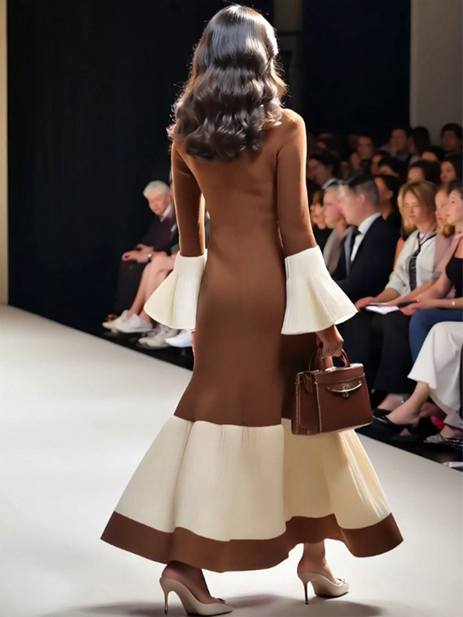 Elegant Farbblock Bell-Ärmel Stehkragen Strickkleid