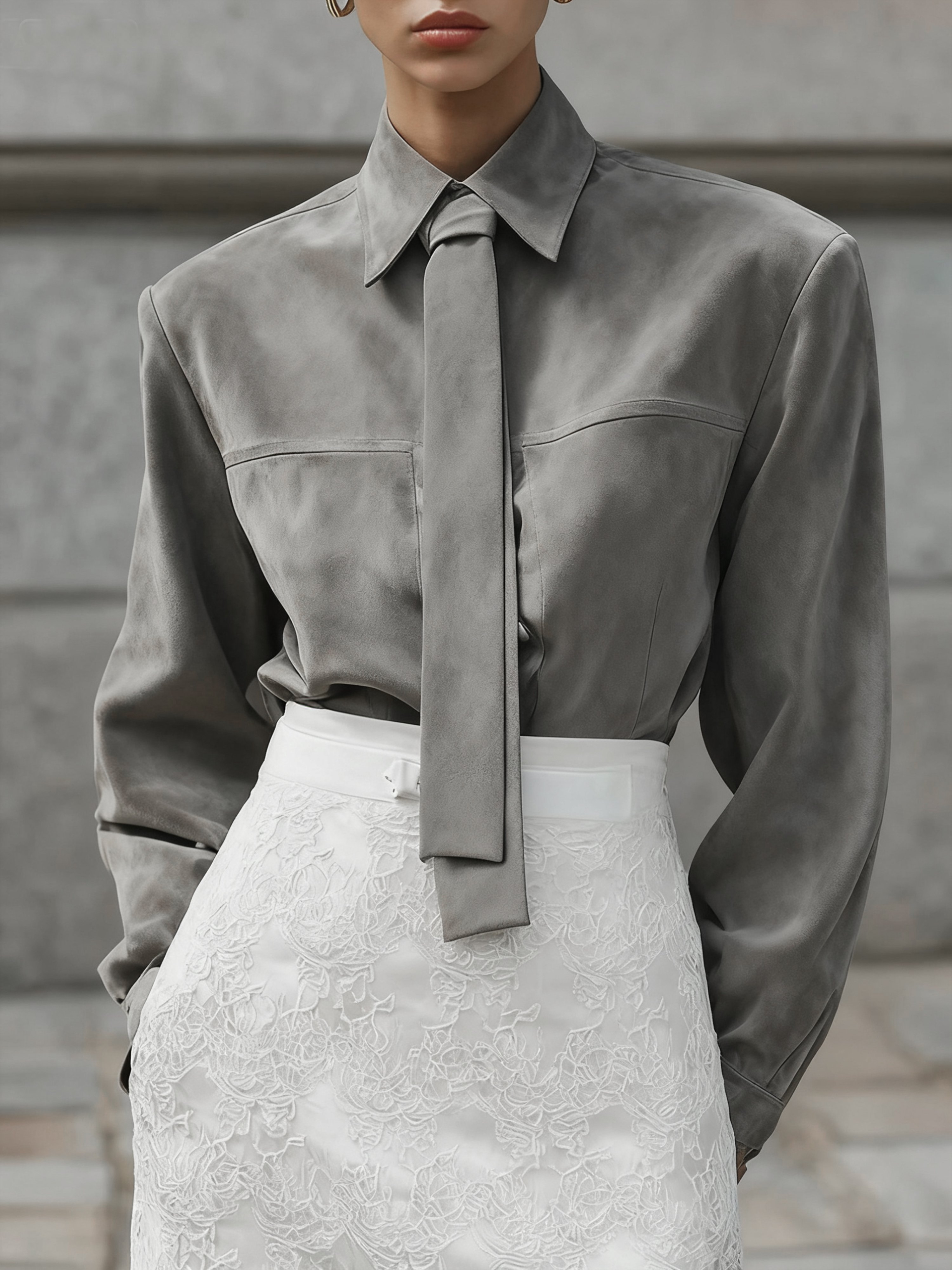 Veloursleder Urban Unifarben Geknöpft Kunstleder Oberteile Mit Krawatte