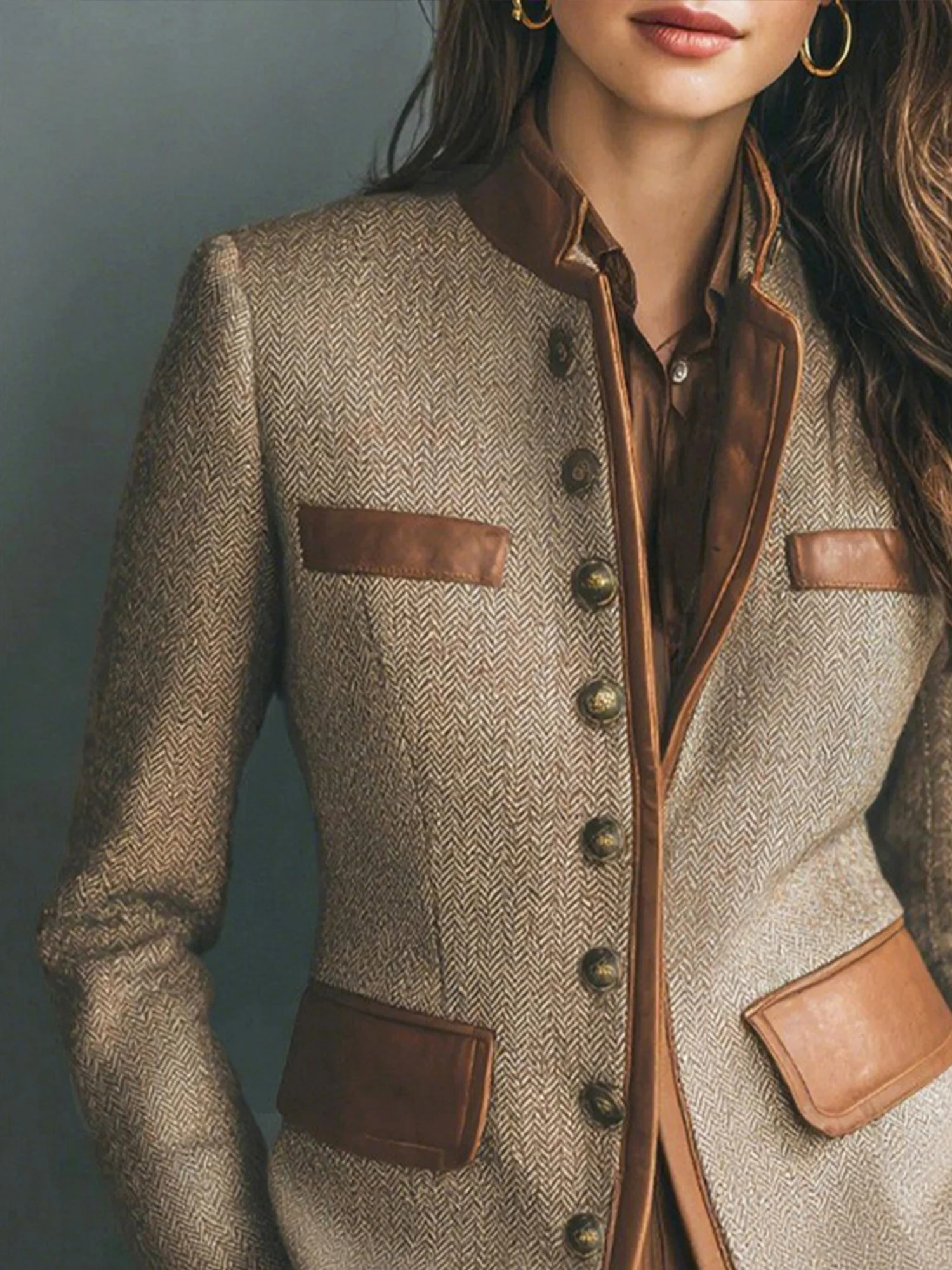 Urban Geknöpft Rohrleitungen Fischgrät Stehkragen Jacke