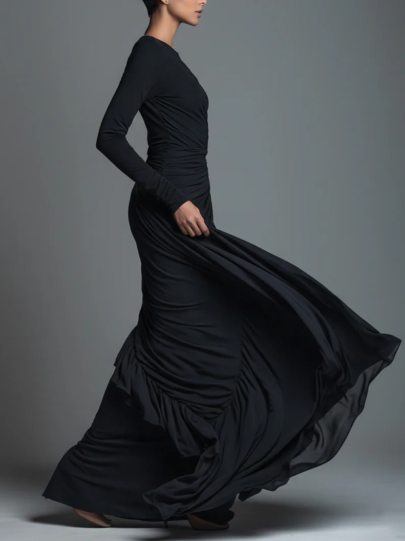 Urban Unifarben Print Rundhals Maxikleid