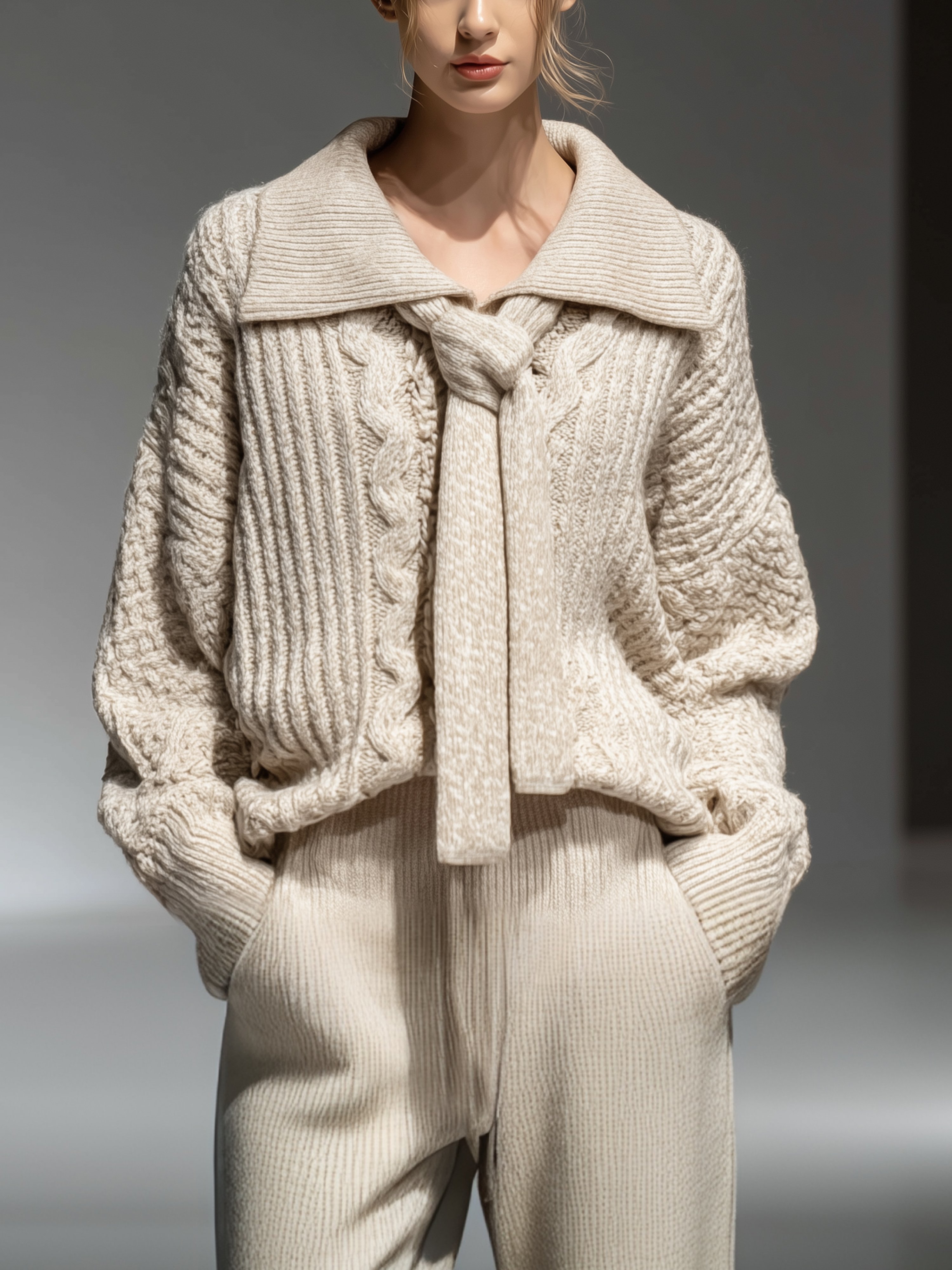 Lässig Unifarben Schnürung Schalkragen Pullover Mit Schal