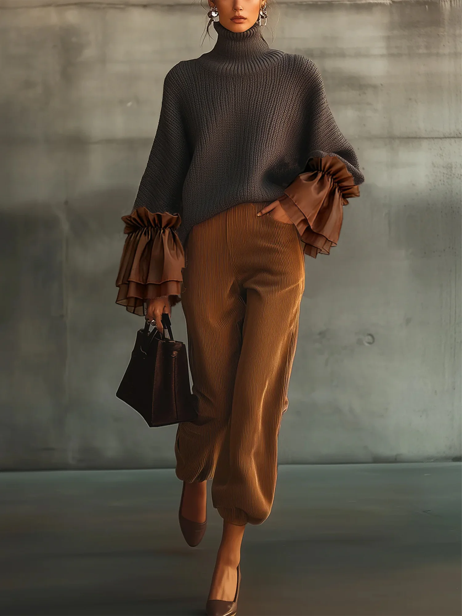 Lässig Farbblock Nahtverarbeitung Rollkragen Ballon-Ärmel Pullover