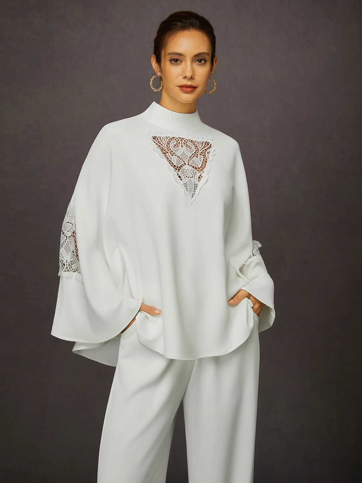 Elegant Unifarben Stehkragen Bell-Ärmel Bluse