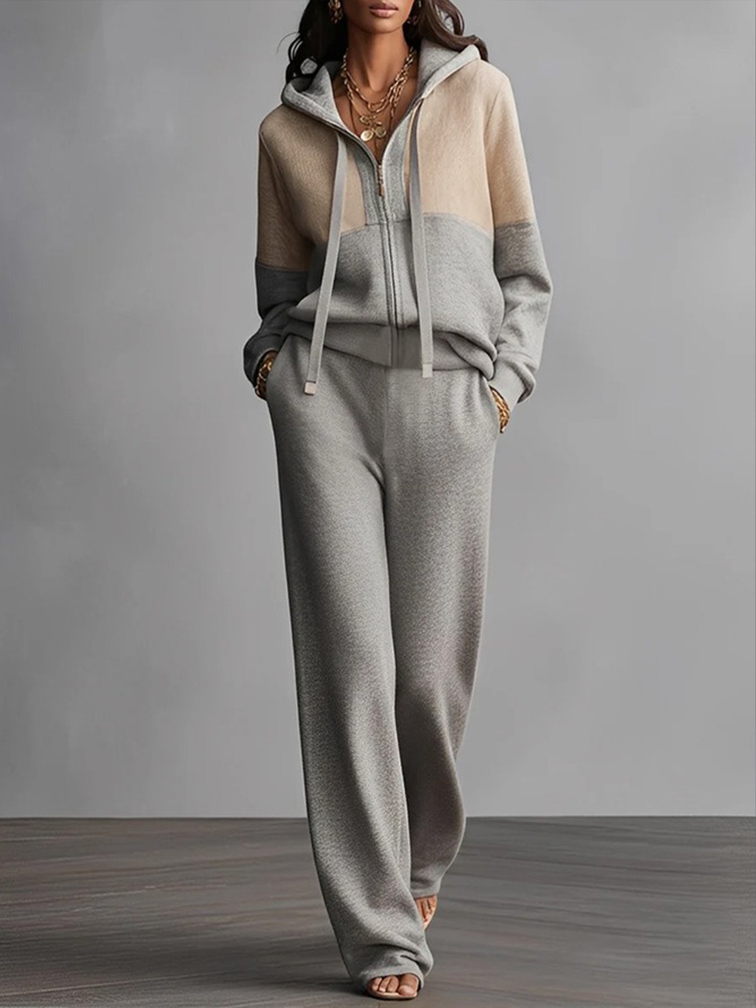 Lässig Reißverschluss Farbblock Kapuze