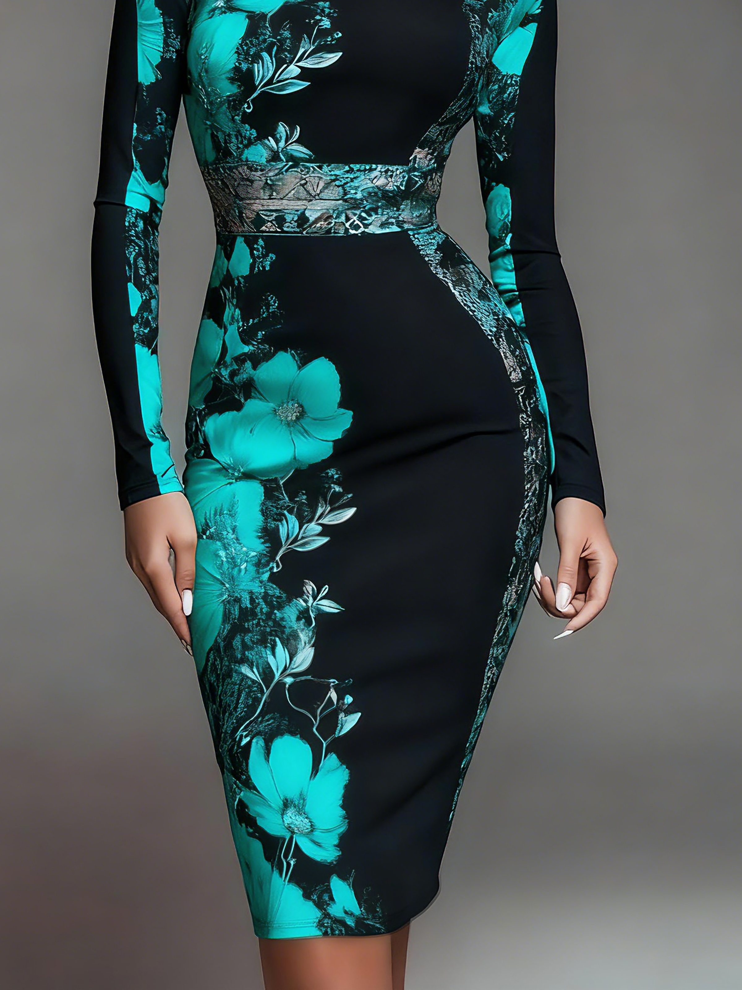 Elegant Geblümt Print Stehkragen Midikleid