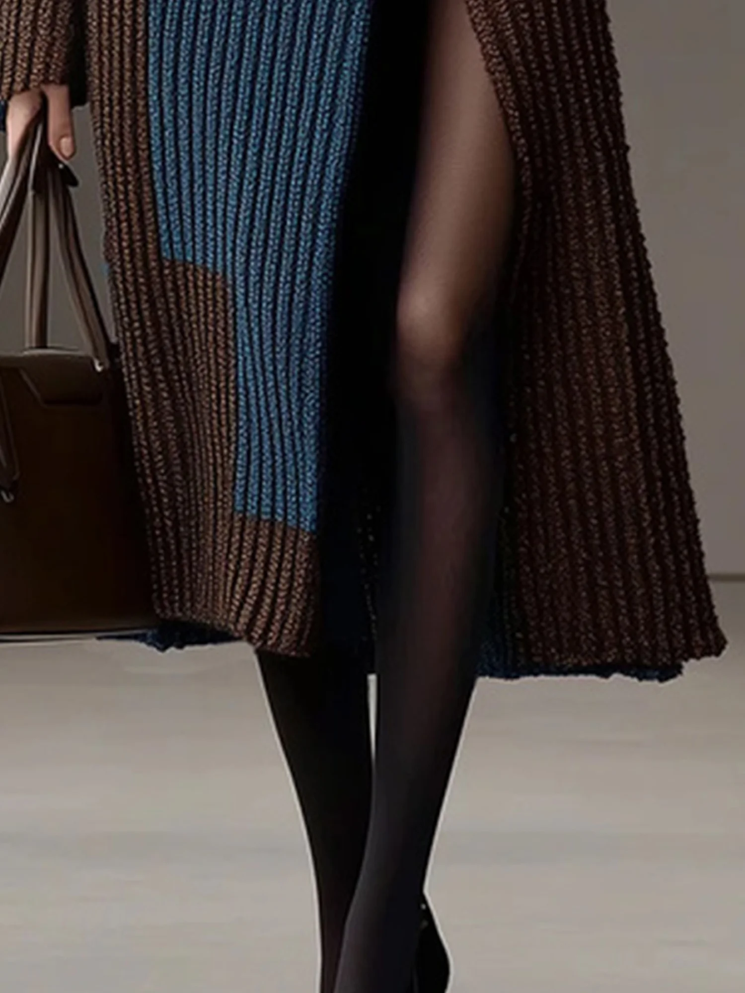 Lässig Farbblock Reverskragen Pullover Strickjacke mit Gürtel