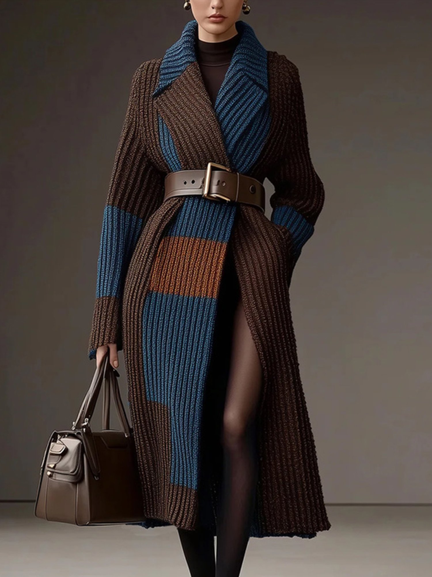 Lässig Farbblock Reverskragen Pullover Strickjacke mit Gürtel