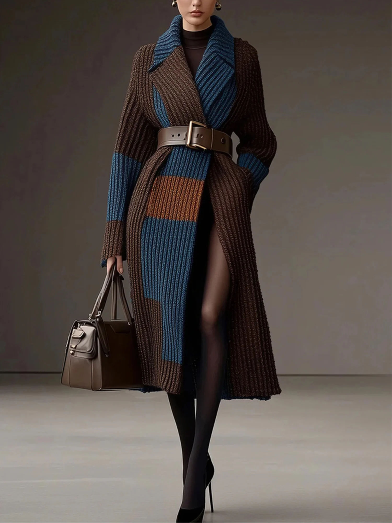 Lässig Farbblock Reverskragen Pullover Strickjacke mit Gürtel