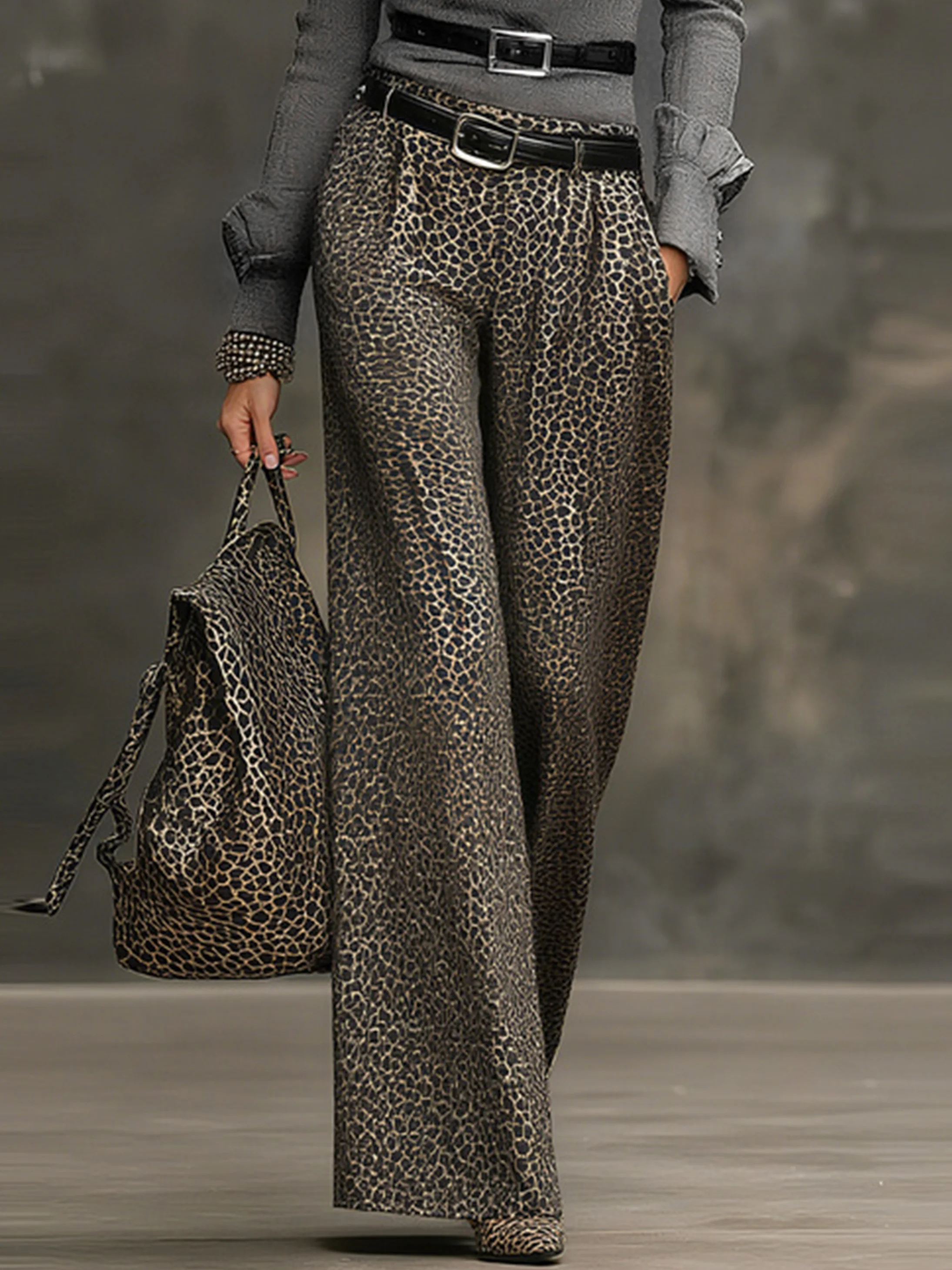 Urban Leopard Hose mit Weitem Bein Kein Gürtel