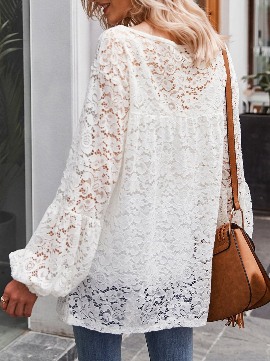 Stylewe Long Sleeve White Women Blouses Lace Holiday V Neck Casual ...