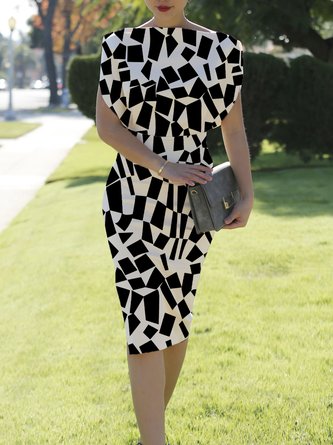 Geometrisch Elegant Regelmäßige Passform Kurzarm Stricken Kleid