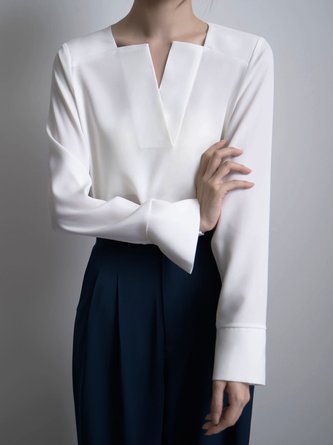 Weiß Täglich Langarm Unifarben V-Ausschnitt Einfach Bluse