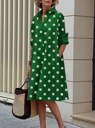 Langarm Polka Dots Regelmäßige Passform Hemdkragen Kleid