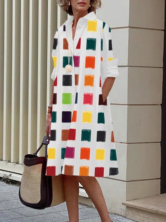 Midi Langarm Kariert Regelmäßige Passform Hemdkragen Kleid