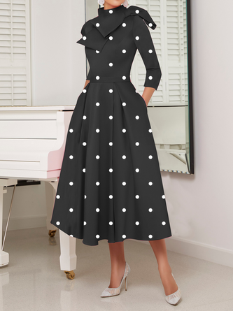 Polka Dots Regelmäßige Passform Hoch Elastizität X-Linie Stehkragen Elegant Kleider