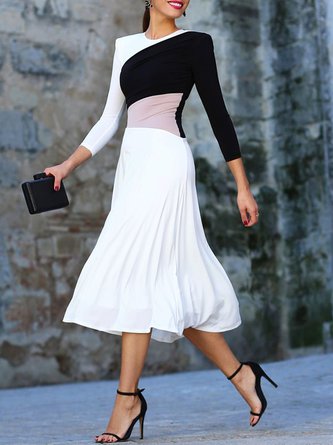 Damen Farbblock Herbst Elegant Mikroelastizität Regelmäßige Passform X-Linie Regelmäßig Rüschen Rock Regelmäßig Größe Kleider