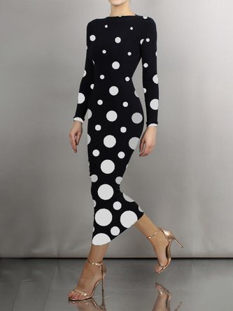 Polka Dots Herbst Elegant Täglich Langarm U-Boot-Ausschnitt S-Linie Regelmäßig Regelmäßig Größe Kleider für Damen