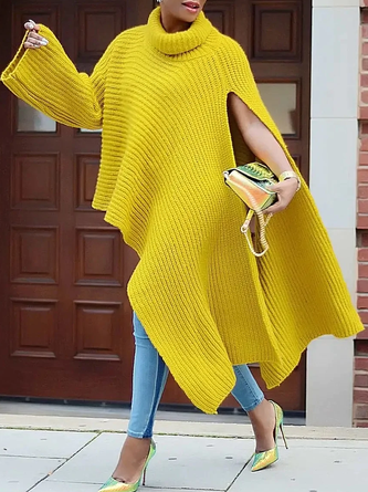 Unifarben Herbst Urban Polyester Weit Rollkragen Mittellang Regelmäßig Regelmäßig Größe Pullover für Damen