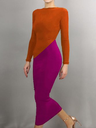 Rosarot Langarm Einfach Farbblock Regelmäßige Passform Kleid